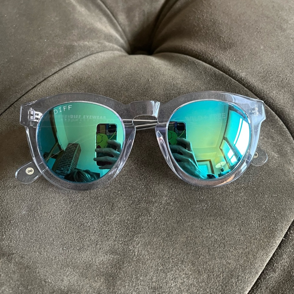 Diff Sunglasses with Round Clear Frame and Blue Green Lens.
